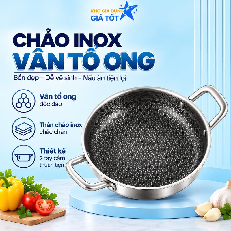 Chảo Chống Dính 2 Quai 28 CM Vân Đá Tổ Ong Dùng Cho Mọi Loại Bếp Chất Liệu Inox 2 Lớp Cao Cấp