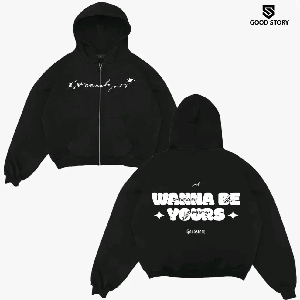 Double Zipper Hoodie Boxy Wanna Be Yours Bahan Hitam Fleece Tebal Size M - XXL Pria & Wanita