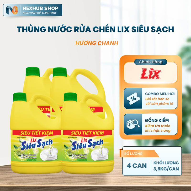 NO1 Thùng 4 Can 3,5kg Nước Rửa Chén Lix Siêu Sạch Hương Chanh Làm Sạch Vết Bẩn…
