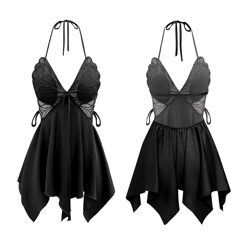 Sexy solid color halter tie pajamas with chest pad Pull up bow Women's nightdress Thin ice silk halter Pure wind home dress advanced soft comfortable silky slip nightdress Loungewear Nightwear