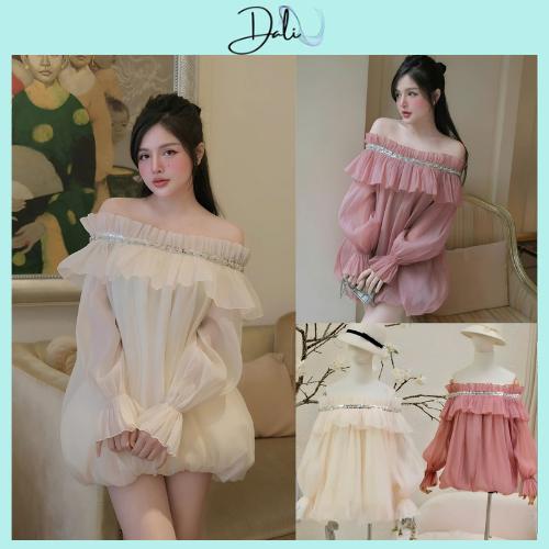 Váy Tơ Xốp Trễ Vai Đính Dây Kim Sa Lấp Lánh Tay Dài Bánh Bèo - Tặng Kèm Quần Trong