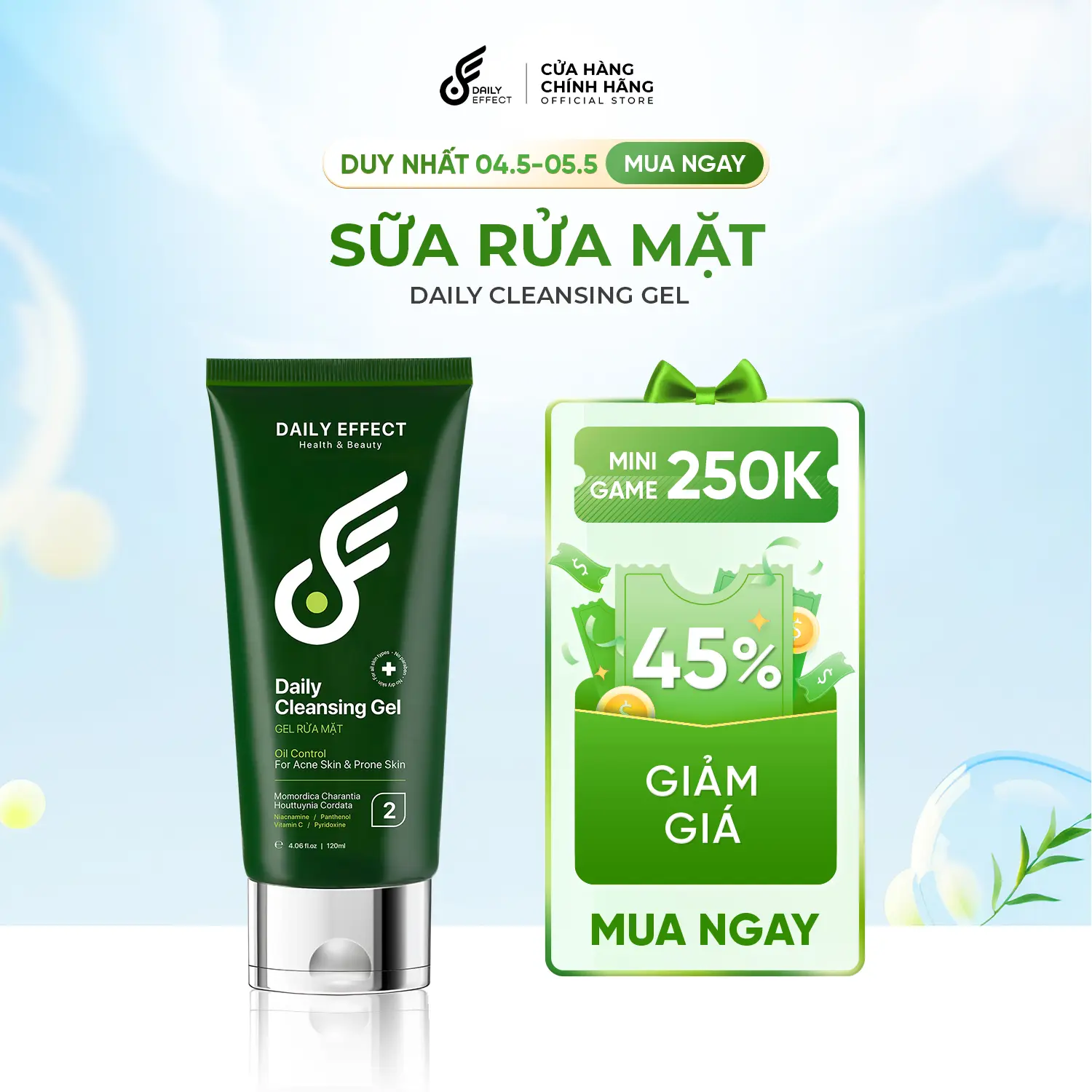 Sữa Rửa Mặt - Khổ Qua Diếp Cá DAILY EFFECT 120ml (hỗ trợ làm sạch bụi bẩn, dầu nhờn, hỗ trợ cải thiện mụn) Gel Rửa Mặt Skincare Nam Nữ