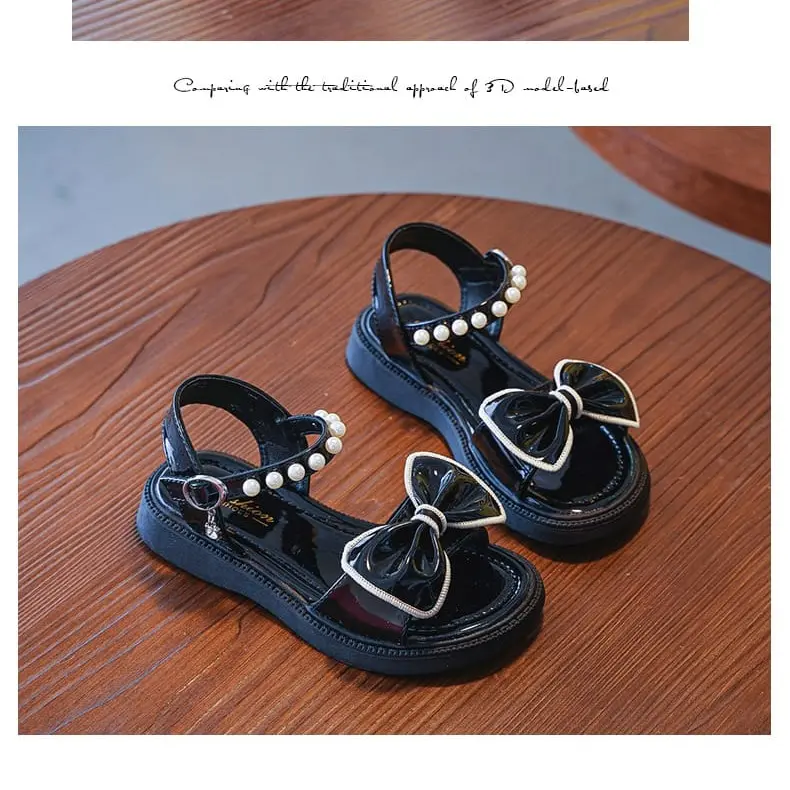 Sandal Anak Wanita Variasi Pita Tali Mutiara Ukuran 26-35 DCR 66 - Glossy Material, Durable Sole, Black Color - Hitam Shoes Selop Fashion 4