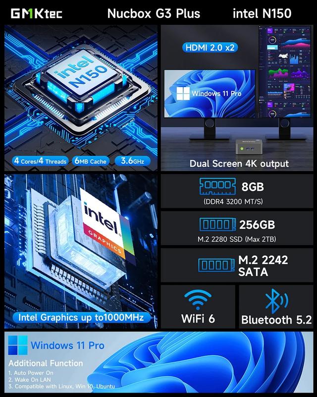 MINI PC Gaming Intel Twin Lake N150 GMKtec Nucbox G3 Plus 16GB RAM 512 SSD NVME - Windows 11 pro 4k Display 7