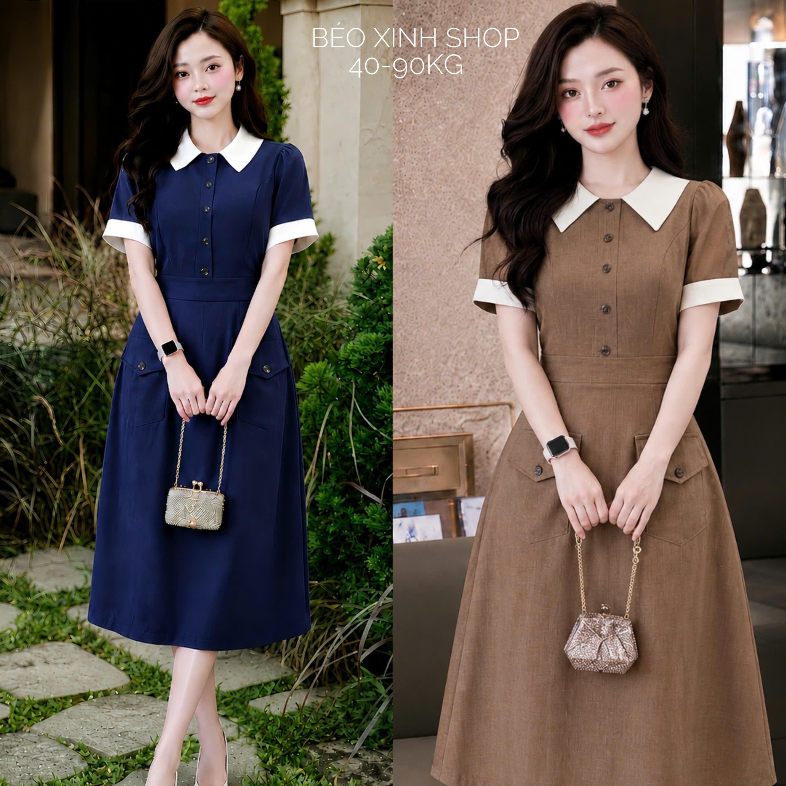Đầm Nữ Linen Pháp Cổ Trắng Tay Ngắn – Váy Dài Tùng Xòe Size S–2XL 40–90kg Béo Xinh Shop - A.1885