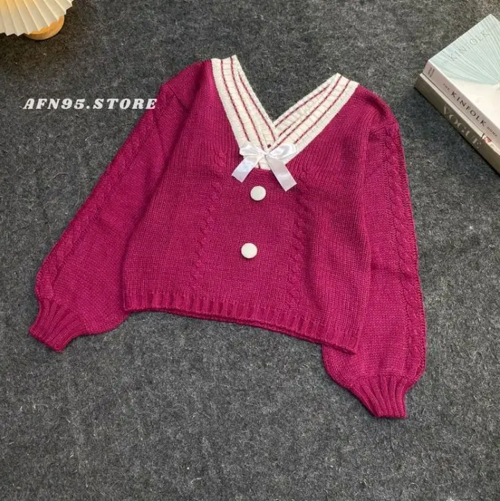 Sweater Vintage Pita Kerah V Variasi Kancing Tebal 3