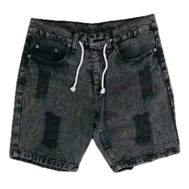 Celana Pendek Jeans Sobek Pria Dewasa Elegan Terbaru  Distro Denim Nyaman Fit Tebal Cowok Tali Panjang Ripped Slim Hitam 4