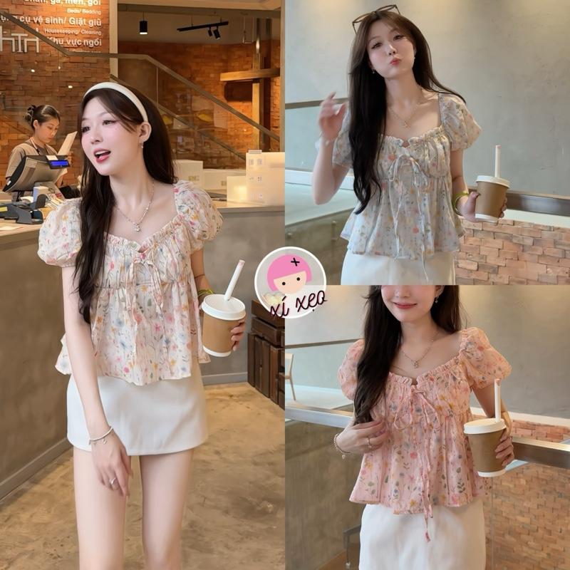 Áo babydoll XIXEOSHOP hoa nhí thắt nơ tiểu thư - A22
