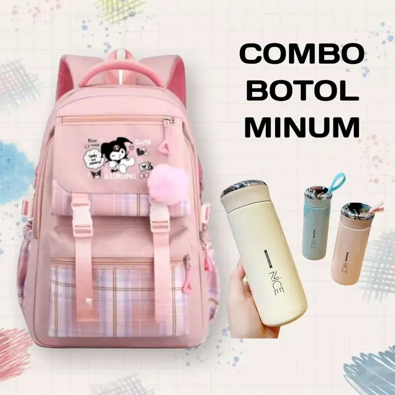 Tas Ransel Anak Perempuan Kuromi Bags Tas Sekolah Free Botol Minuman Nano Spay Jam Tangan Gantungan Lucu BISA COD Fashion Sekolah Wanita Aksesoris 4