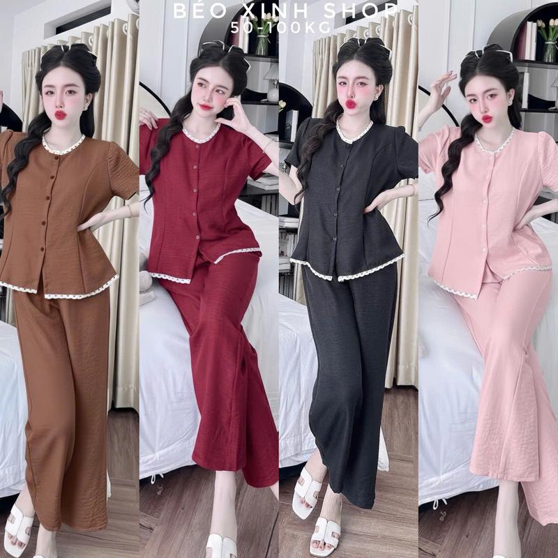 Thời Trang Bigsize Set Quần Áo Nữ Cổ Tim Phối Ren Tiểu Thư Quần Dài Thoải Chất Đũi Vân Mây Bigsize 50–95Kg Nữ Top Women – A.1653