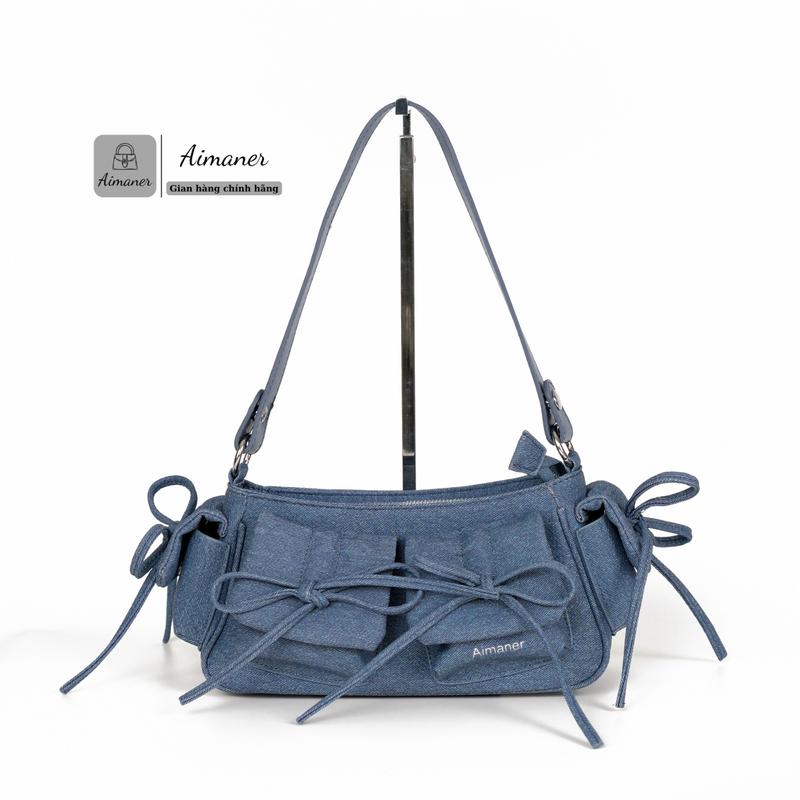 Túi Xách Nữ Da PU Phối Denim Đeo Vai Thời Trang Phối Nơ Đáng Yêu – Aimaner 5118