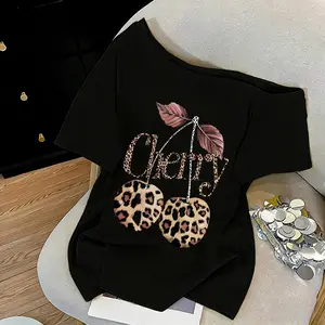 Rossie Premium Tshirt Y2K Asymmetrical Off Shoulder Top | Leopard Cherry Prints Vintage Style | Bahan Cotton | Kaos Wanita Lengan Pendek | Cewek Atasan Kece