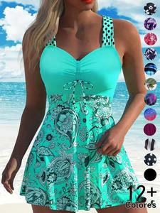 Conjunto de traje de baño de dos piezas para mujer con estampado de plantas, escote en V, vestido de baño sin mangas y top de baño, ideal para vacaciones en la playa, ropa de baño para damas para todas las estaciones