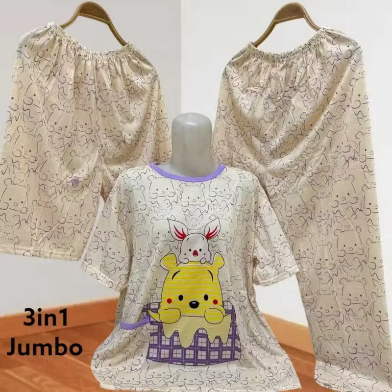 Babydoll Kaos 3in1 Jumbo Piyama model 1 Baju dan 2 celana Gambar Sablon LD 110-120cm 3