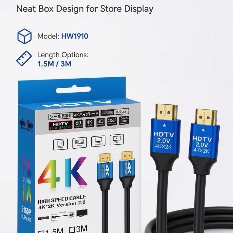 Cáp HDMI 1.5met - Model HW1910, Hỗ trợ 4K, 2160P, 3D, 4Kx2K, 2.0V, 1.5M