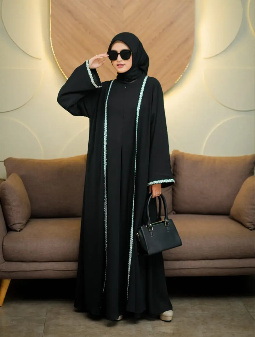 Zahra Abaya Aksen Renda Payet Wanita Lebaran Terbaru 2025 Dress Muslim Kekinian Mewah Elegant l Model Outer Menyatu