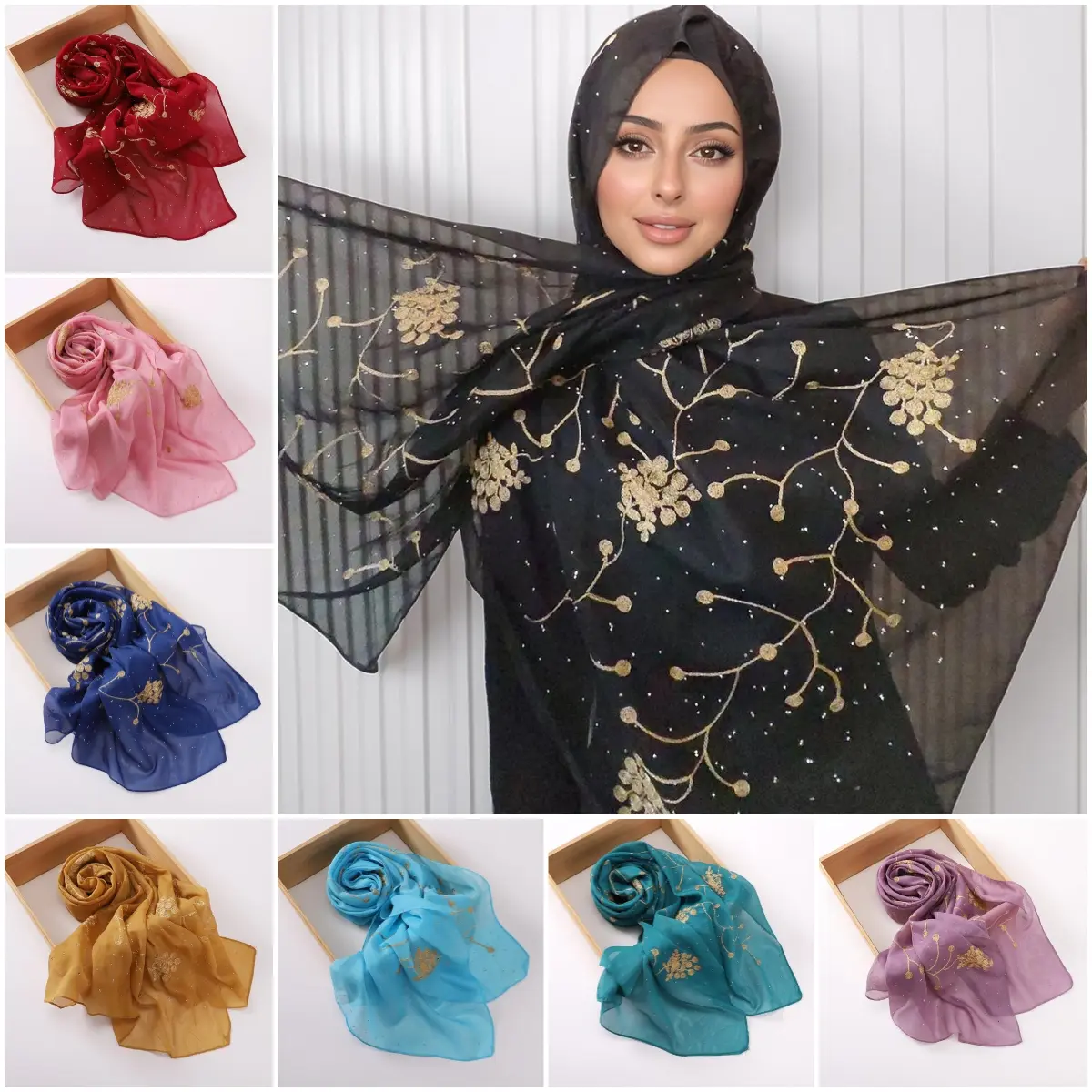 Cross-Border Hot Selling New Chiffon Embroidered Hot Rhinestone Decorative Wrap Scarf Female Veil Hui Turban Scarf