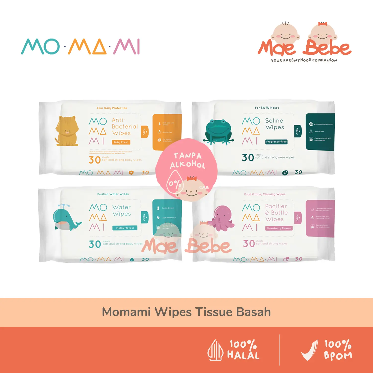 Momami Wipes Tissue Basah Bebas Alkohol Anti-Bacterial / Saline / Pacifier & Bottle / Water