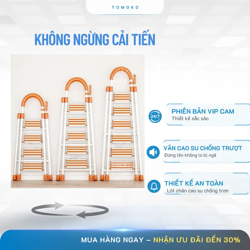 Thang TOMOKO INOX Ghế Tay Vịn Chữ A Bản To Vân Sần Cao Cấp Nhôm Dày Chân Gắn Cao Su 34567 bậc vân cao su chống trượt 0