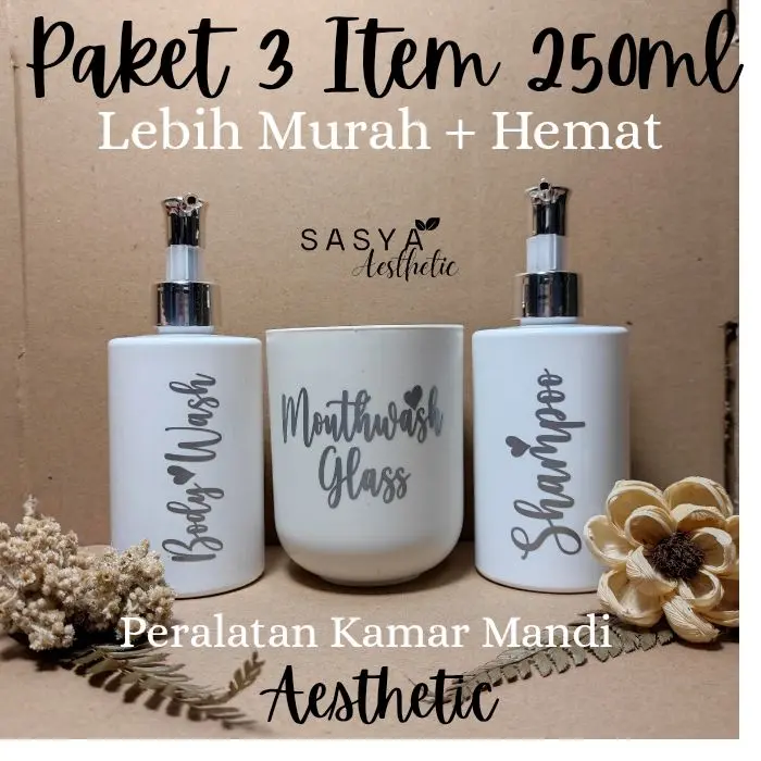 Paket Peralatan Kamar Mandi Botol Sabun & Shampo Pump Plastik Aesthetic Gelas Tempay Sikat gigi dispenser odol Putih Gold & Silver Lebih Murah & Hemat (T1P) 6