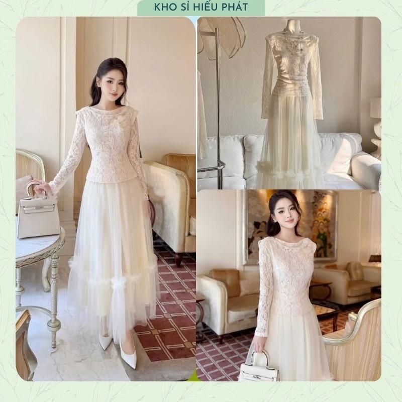   Hàng 2 Lớp   Set Áo Ren Lệch Vai Tay Dài Phối Chân Váy Voan Lưới Xoè Dài Sang Chảnh by Hp 