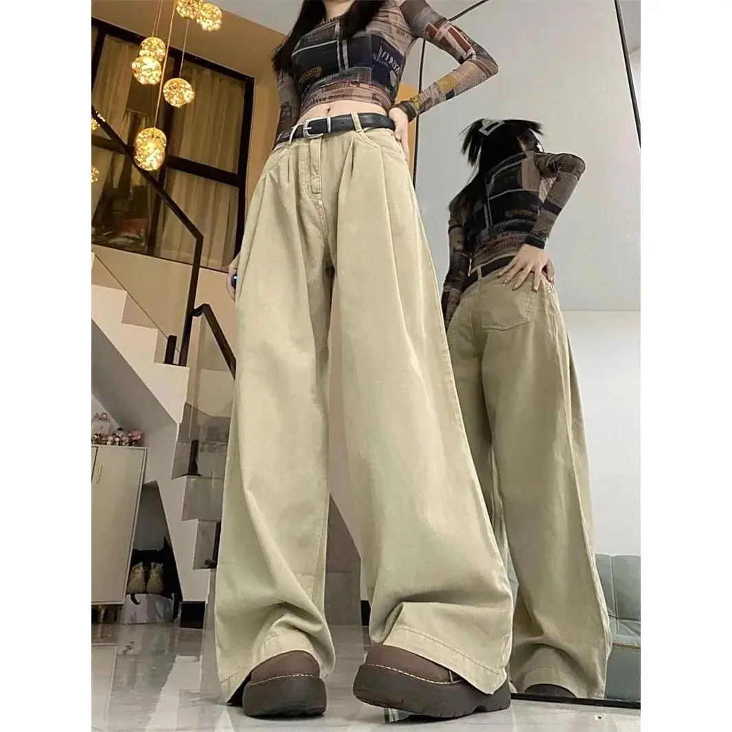 Hot Selling Khaki Casual Pants Women's Autumn Korean Style 2024 New High Waist Drooping Slim Loose Wide Leg Straight Mop Pants