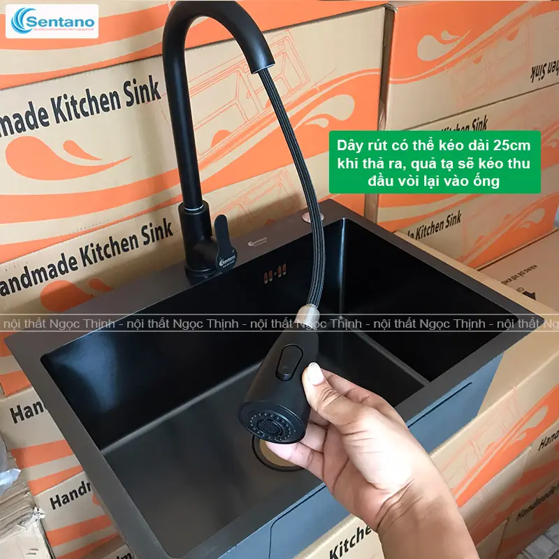 Chậu rửa chén bát inox sus304 SENTANO NANO ĐEN 60x45cm chống trầy xước cao cấp tặng kèm rổ đa năng 3