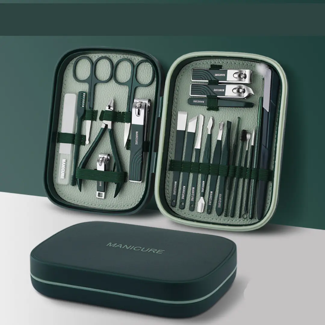 Premium Manicure Pedicure Box Set 22 Pcs - Set gunting Kuku Carbon Steel - Perawatan Kuku Tangan & Kaki - Gunting Bulu Hidung Hijau Hitam Silver