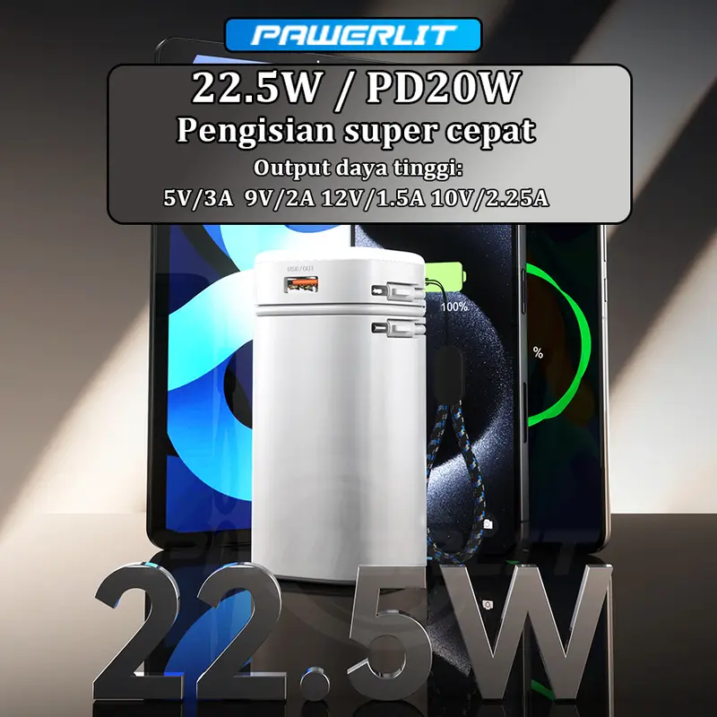PAWERLIT Powerbank 50000mah Fast Charging Power Bank Type-C Kabel 22.5W PD20W Lampu Emergency Senter LED 3