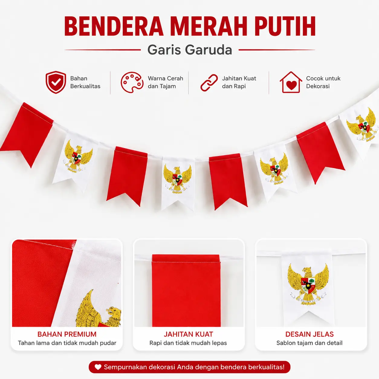Bendera 17 Agustusan Merah Putih Rawis Renceng Bahan Kain Panjang 5 Meter Sablon Garuda