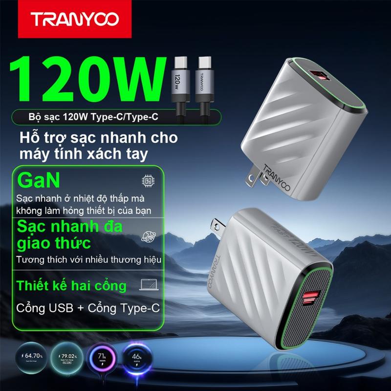 Sạc nhanh siêu tốc GaN 120w TRANYOO US9, 1 USB-C, 1 USB-A, Sạc nhanh nhiệt độ thấp, sạc đầy 99% trong 30 phút sạc tranyoo 120w, Sạc nhanh đa giao thức, Tương thích mọi thiết bị máy tính, iPhone 8-17 pro/promax/iPad & Android