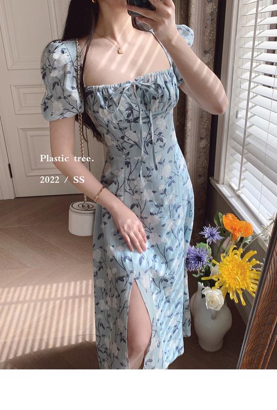 Product Introduction of phụ nữ ăn mặcĐầm Voan Pháp, In Hoa Mùa Hè, Cạp Cao Xẻ Tà, Hàng Mới Về Cho Nữ, Bó Sát Eo, Cổ Vuông, Tay bồng Hoa, Đầm Midi Dress Women 6