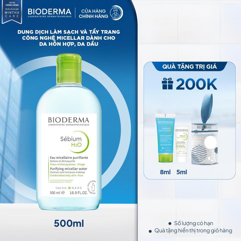Dung dịch làm sạch và tẩy trang công nghệ Micellar dành cho da hỗn hợp, da dầu Bioderma Sebium H2O 500ml