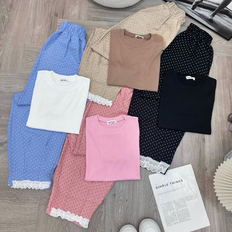 Q78 Set [áo gân trơn+ quần dài chấm bi baggy ren] form 40-60kg mang vừa phù hợp đi chơi . di du lich chất mát thoáng thấm hút mồ hồi Hằng tidy