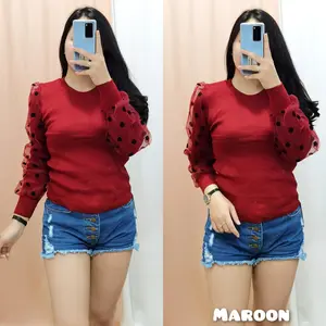 GLIVEO (COD) - BLOUSE LENGAN BALON TILE POLKA KECIL RAJUT IMPORT / ATASAN RAJUT LENGAN PANJANG/ BLUS RAJUT CANTIK