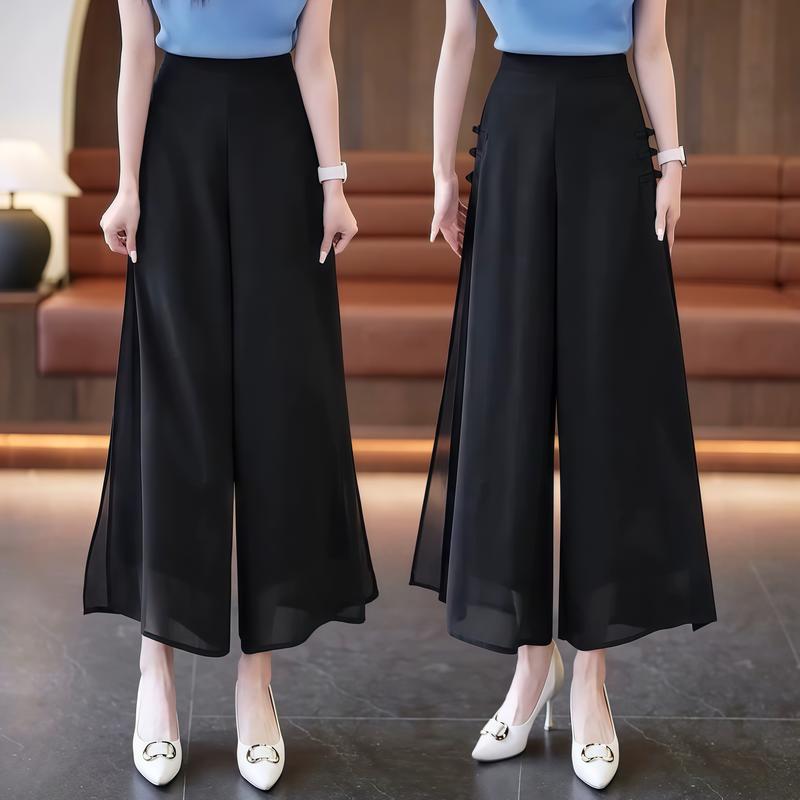  Quần ống rộng dài bigsize nữ chất chiffon Quần giả váy 2 lớp cạp cao lưng chun 