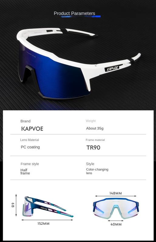 Product Introduction of Kapvoe cycling glasses with color changing red and blue coated lenses, men's and women's mountain road bikes, outdoor sunglasses 10