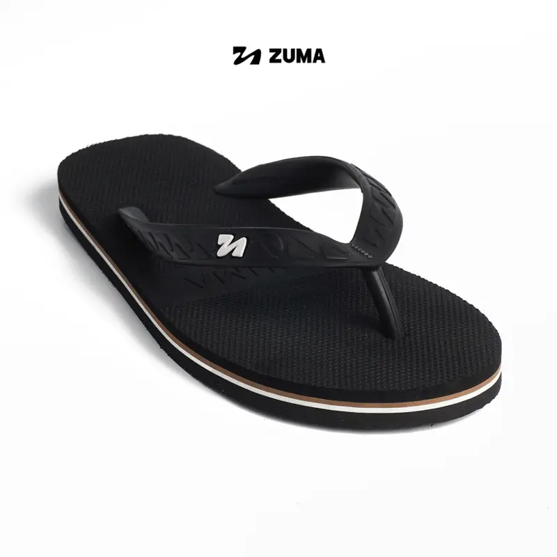 sandal Zuma Men Stripe 7 Black Brown, Sandal Jepit Pria Karet Polos, Hitam Coklat 4