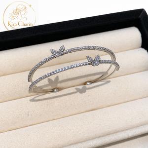 Vòng Kiềng Tay Nữ Đính Đá Zircon Hình Bướm, Thiết Kế Hở 2 Lớp Phong Cách Hàn Quốc, Chống Nước Chống Mồ Hôi Không Bay Màu nặng