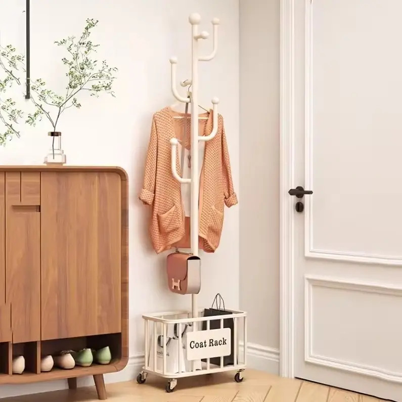 Cream Floor-to-Ceiling Mobile Clothes Rack with Wheels - Iron Coat Hanger for Drying & Storage, 170cm