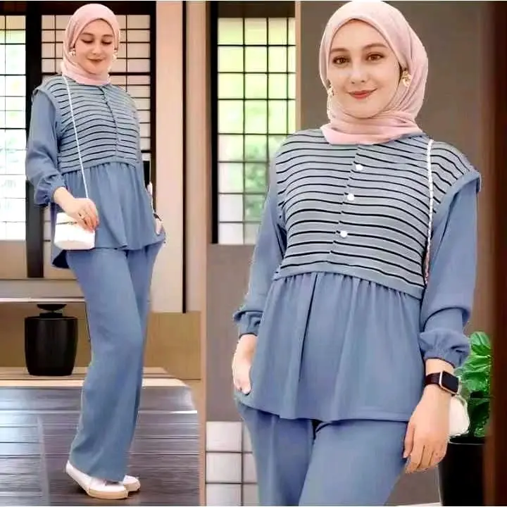 Setelan Wanita Model Terbaru / Setelan Katun Salur Kombinasi Polos