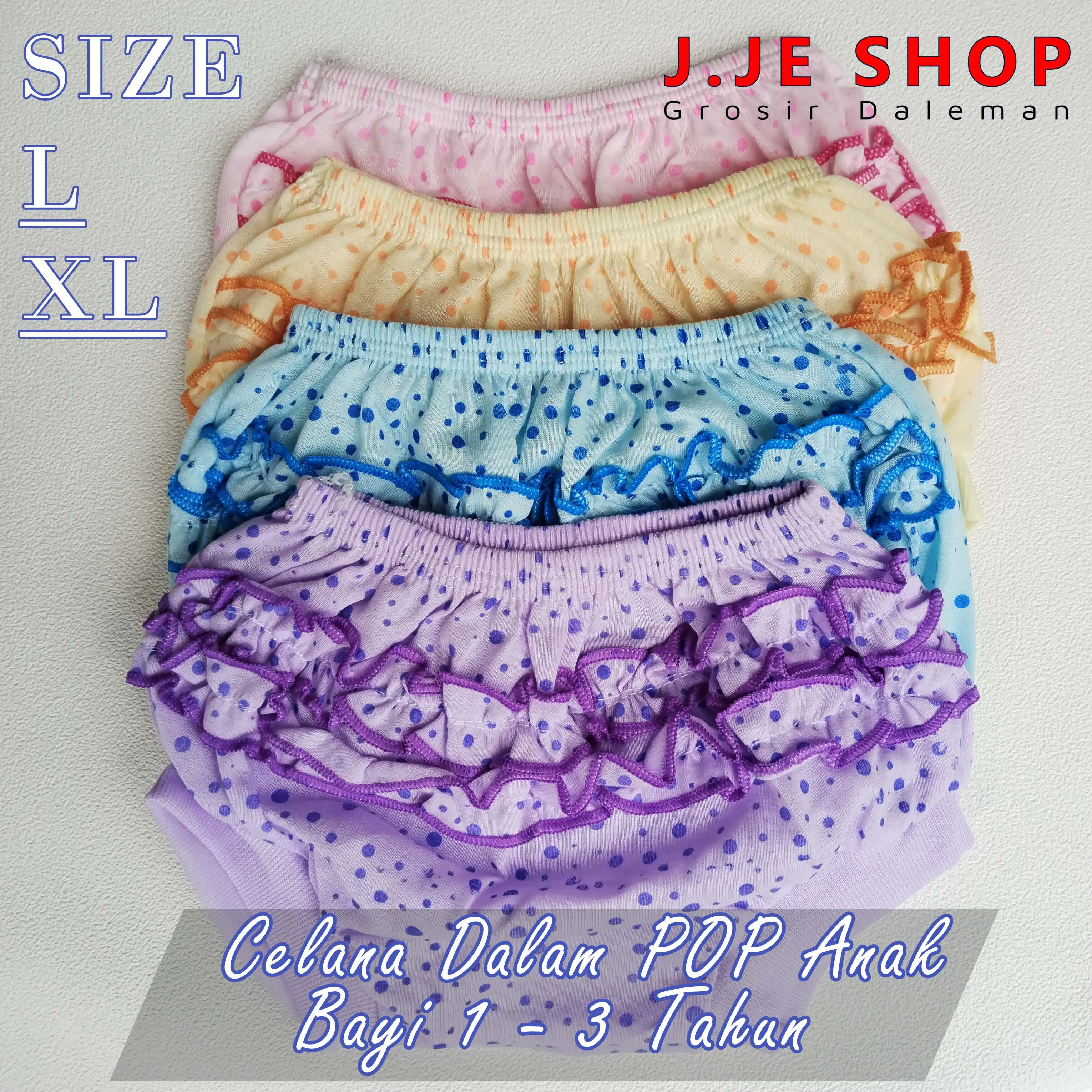 12 PCS Celana Dalam Anak Bayi Perempuan Rempel Renda Bintik Polka Dot - Pink, Ungu, Biru, Kuning - Bunga, Motif
