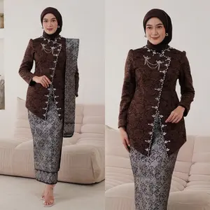 Set Kebaya Malaysia Melayu Ayu Janggan Baju Atasan dan Rok Songket Lamaran Tunangan Wisuda Pesta Kondangan Bridesmaid Dewasa Wanita Emerald Burgundy Coklat Mahogany Dress Panjang