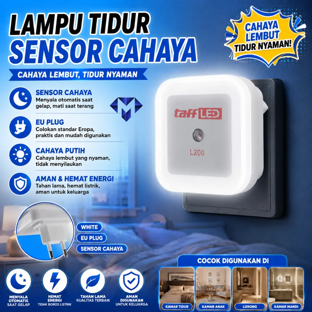Lampu Tidur LED EU Plug Sensor Cahaya Cool White 250V 0.8W