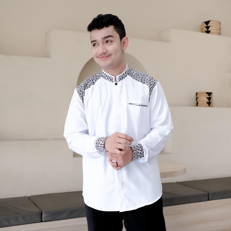 Baju Koko El Rumi Araseo Lengan Panjang Kombinasi Batik Putih Kain Katun - Pria, Muslim 6