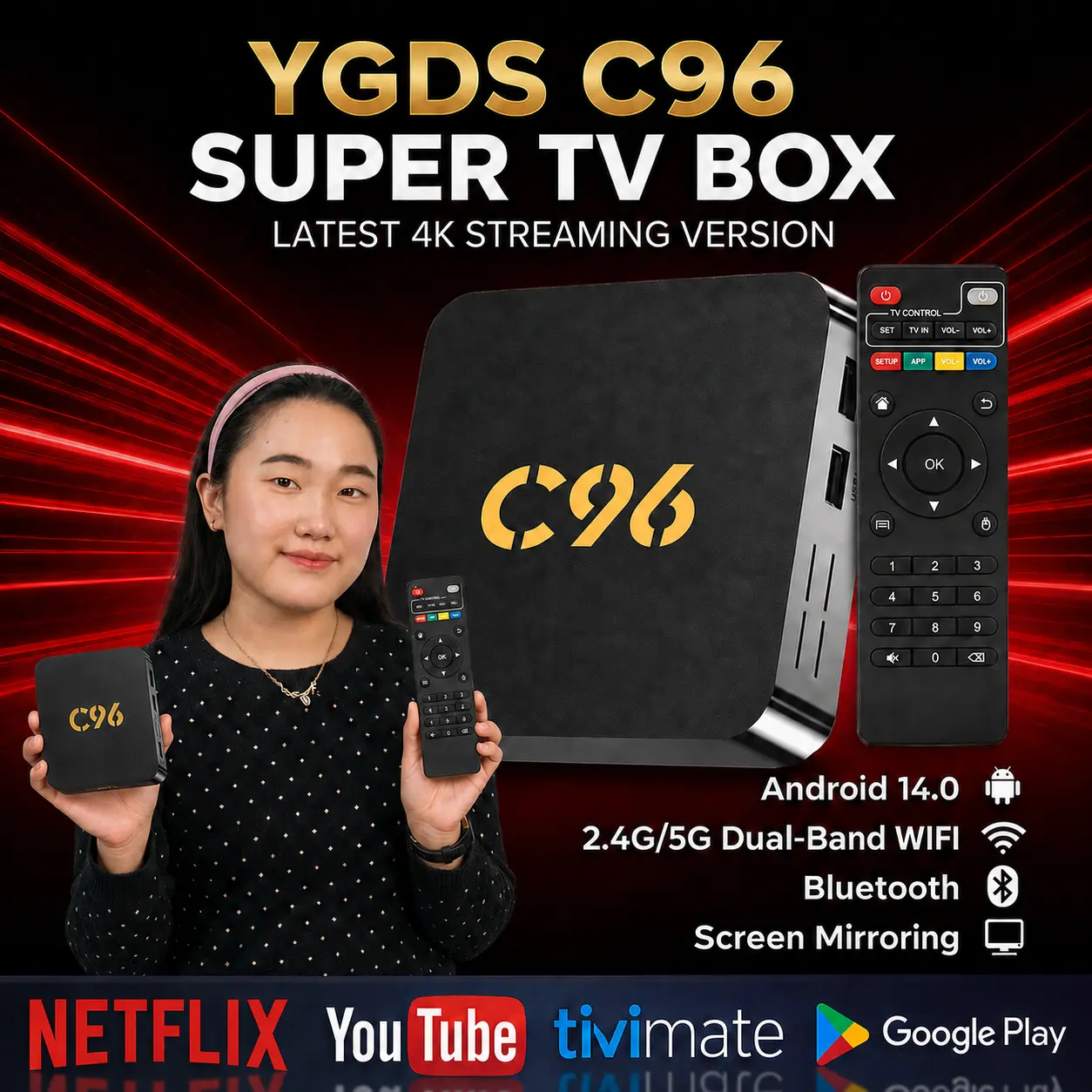 YGDS C96 4K Android Tv Box RAM 16G ROM 256G Android 14.0 OS Bluetooth Set Top Box 2.4GHz/5G WiFi STB Android Tv New Chipset Full HD Smart Tv Box