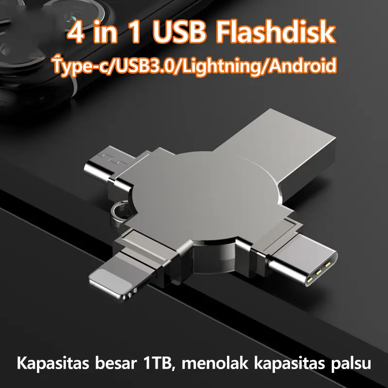 U401 1TB Flashdisk OTG 4-in-1: Kompatibel dengan iPhone 6-15, USB 3.0, Micro USB, Type C, Lightning, Flash Drive Multifungsi
