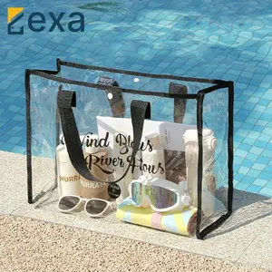 Tas Mika Pantai Kolam Renang PVC Transparan Tote Bag Mika Totebag Mika Hitam - Hitam