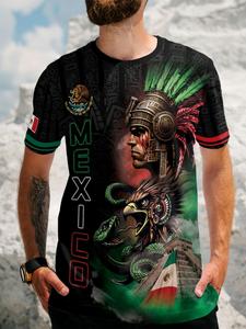 Camisa de hombre con patrón azteca, camiseta con bandera de México, camiseta deportiva vintage de manga corta, camiseta de fútbol de secado rápido, ropa casual para todas las estaciones