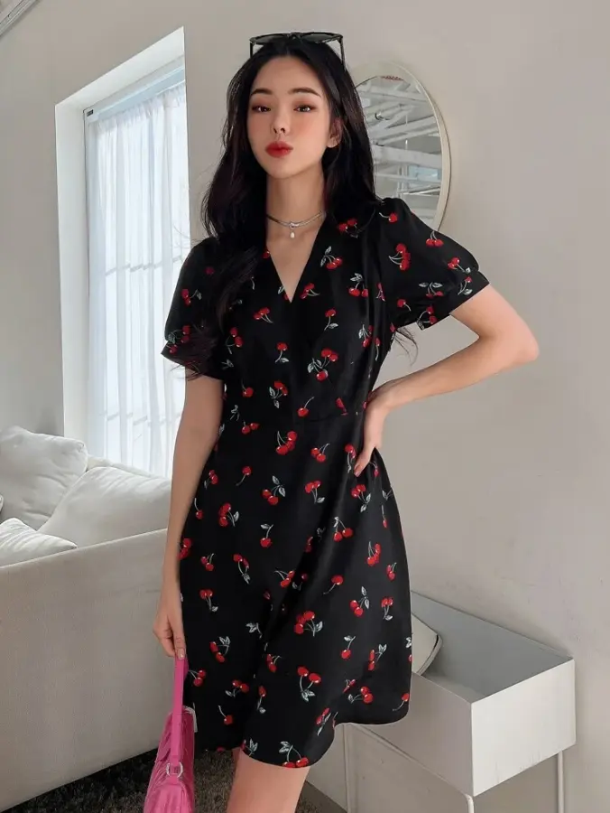 ESTHER VINTAGE KOREAN CHERRY WRAP MIDI PATTERN PUFF SLEEVE V-NECK DRESS